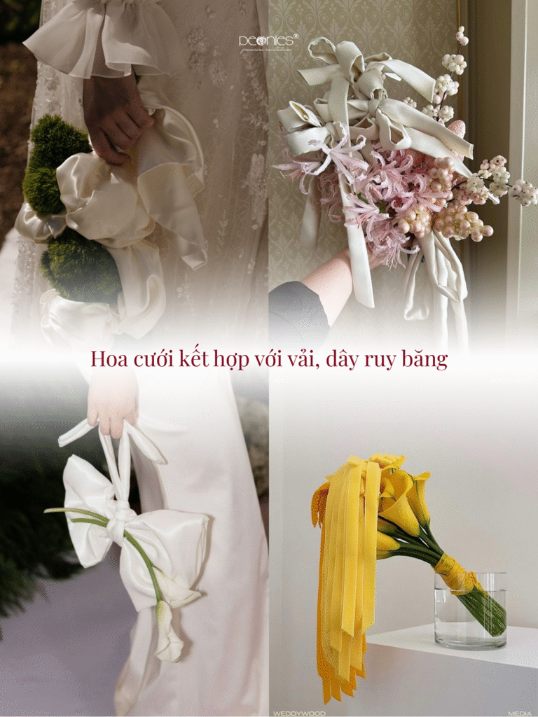 Hoa cưới với vải và ruy băng