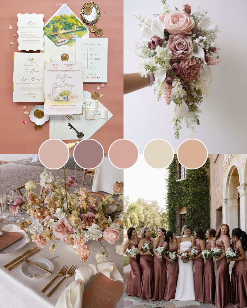 Pallet màu sắc cưới Blush Pink và Mauve