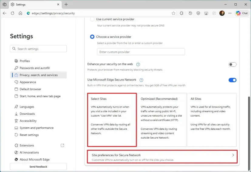 Bật tùy chọn VPN hoặc Secure Network trong Edge để bảo vệ phiên duyệt web