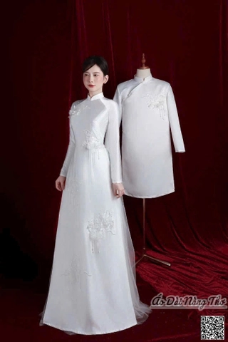 Áo dài cưới trắng lụa chữ Hỷ sang trọng