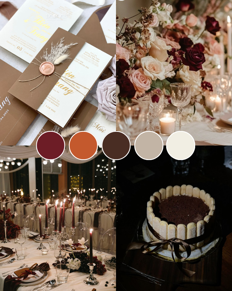 Bảng màu Burgundy và Cocoa ấm áp cho lễ cưới mùa đông