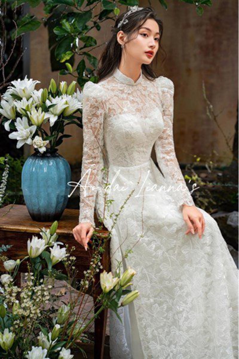 Áo dài cưới ren trắng tay phồng