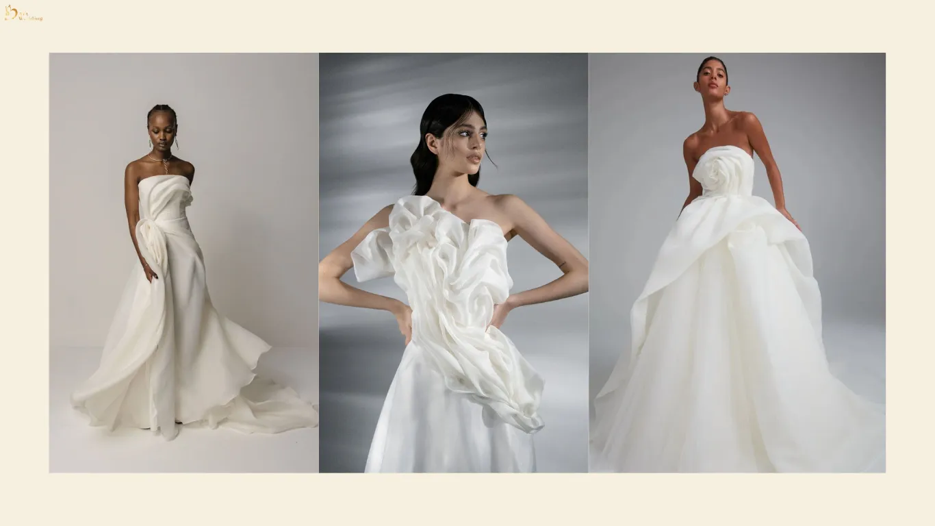 Xu hướng váy cưới 2026: họa tiết nổi, organza