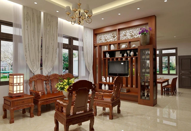 Bố trí vách ngăn ước lệ và luồng giao thông thông thoáng cho phòng khách
