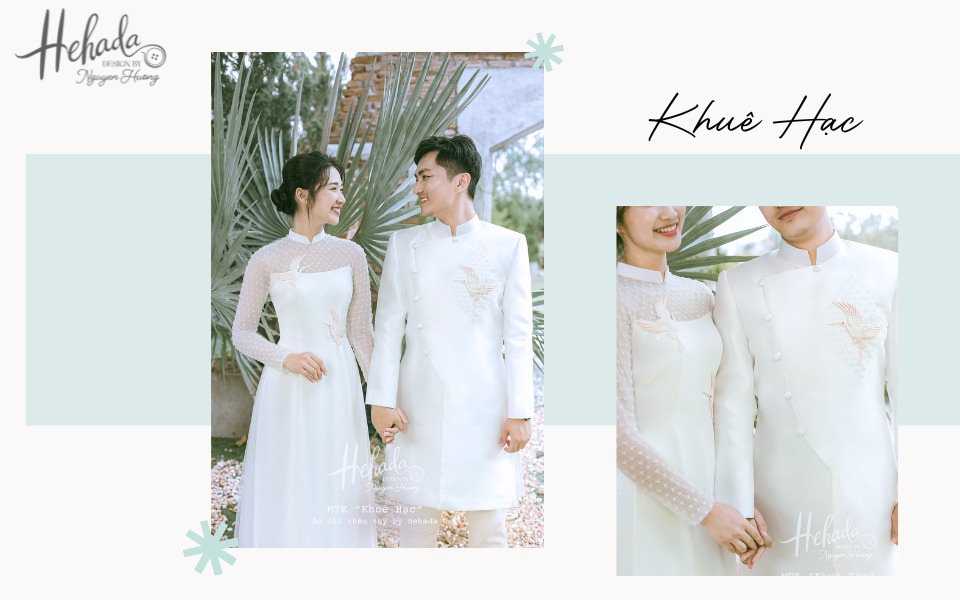 Mẫu áo dài cưới cặp đôi thêu hạc