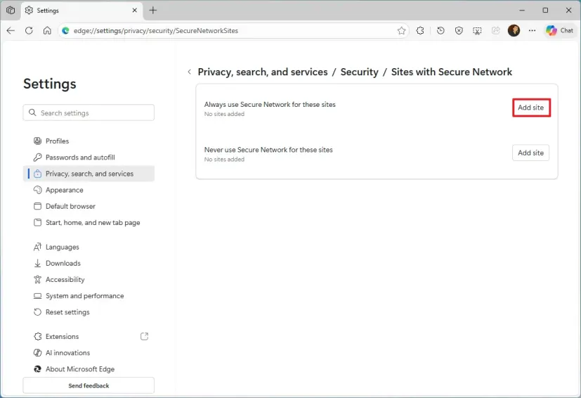 Thiết lập danh sách trang trong Edge để tự động bật hoặc không bật VPN