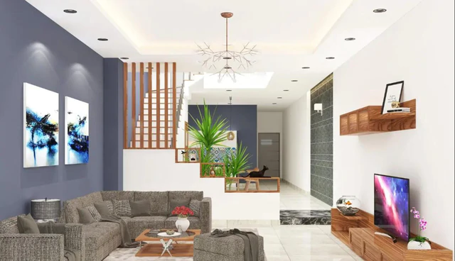 Không gian mở kết nối phòng khách và khu vực ăn uống qua gầm cầu thang