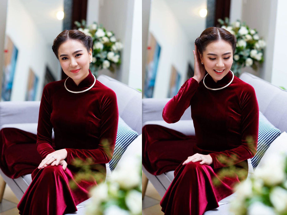 Áo dài nhung đỏ cô dâu
