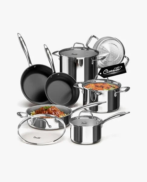 Bộ nồi chảo inox sáng bóng phù hợp gian bếp hiện đại