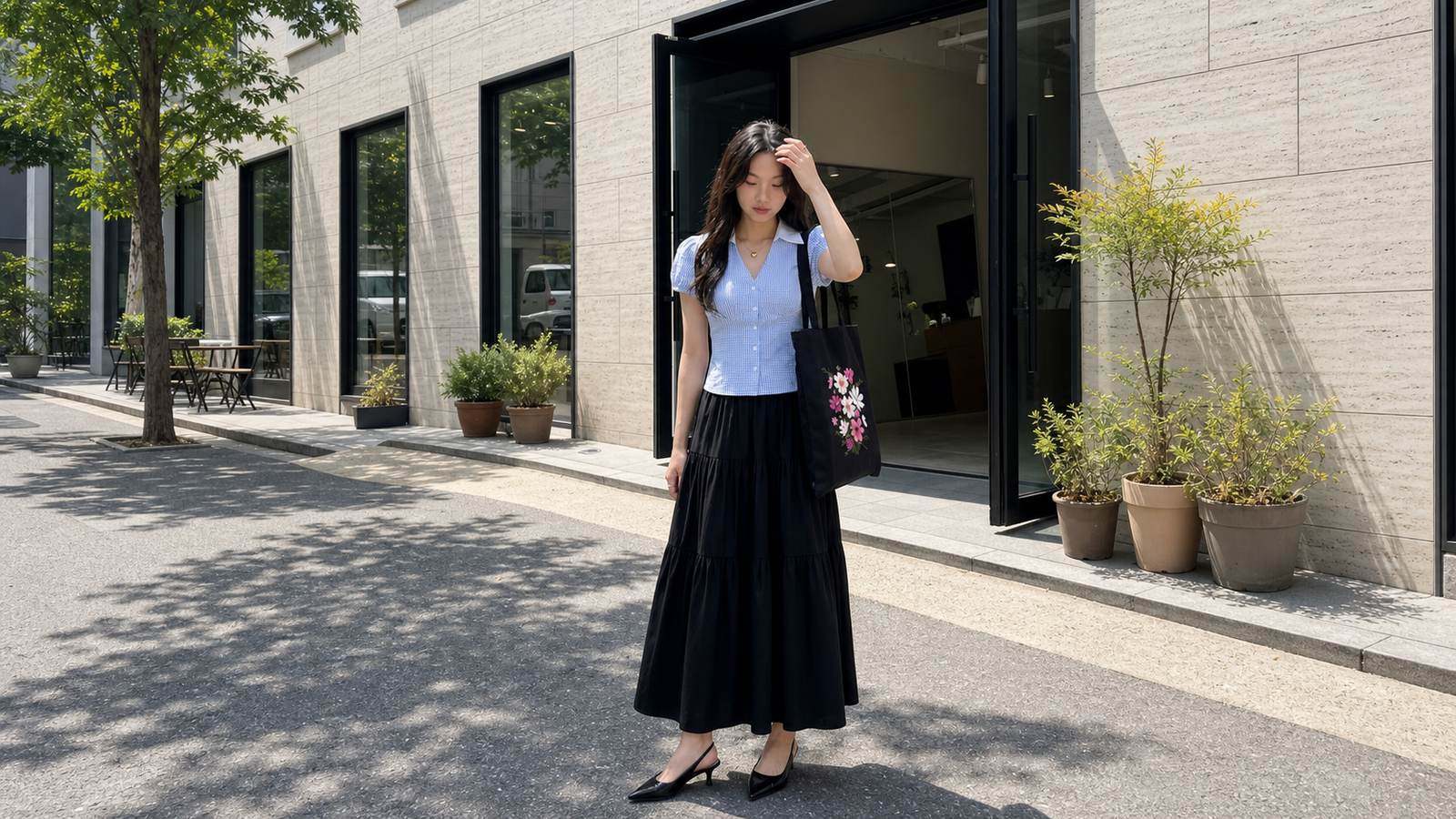 Slingback hoặc kitten heel hợp với chân váy dài đen