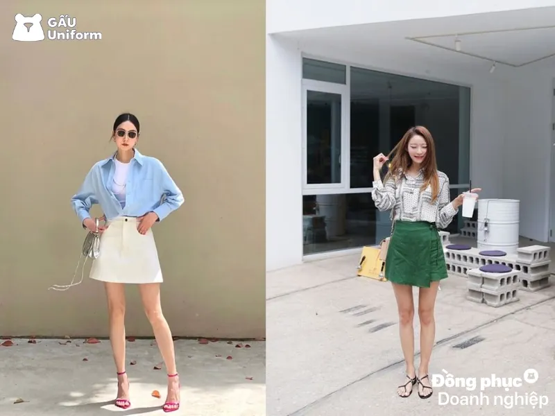 Chân váy chữ A phối áo sơ mi thanh lịch