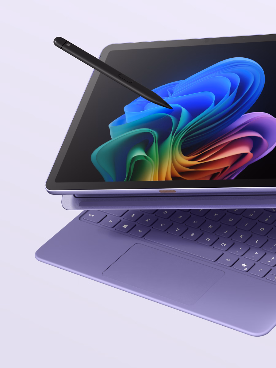 Một thiết bị Surface Pro Copilot+ PC màu tím với thiết kế mỏng nhẹ
