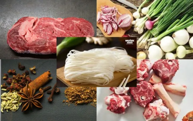Nguyên liệu nấu phở bò gồm xương bò, thịt bò và gia vị thơm