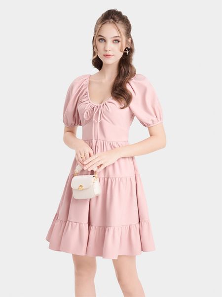 Đầm mini cổ tim rút dây tay phồng