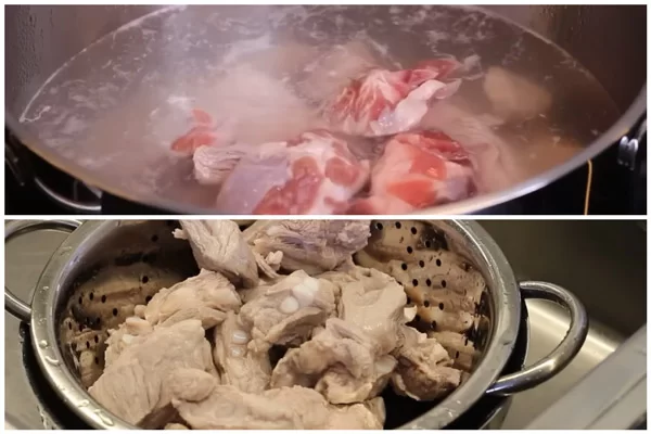 Chần xương trước khi hầm để xương được sạch