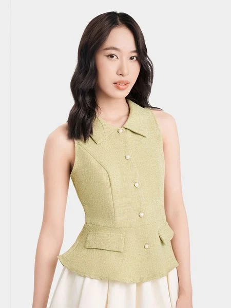 Áo kiểu tweed kiểu peplum sát nách