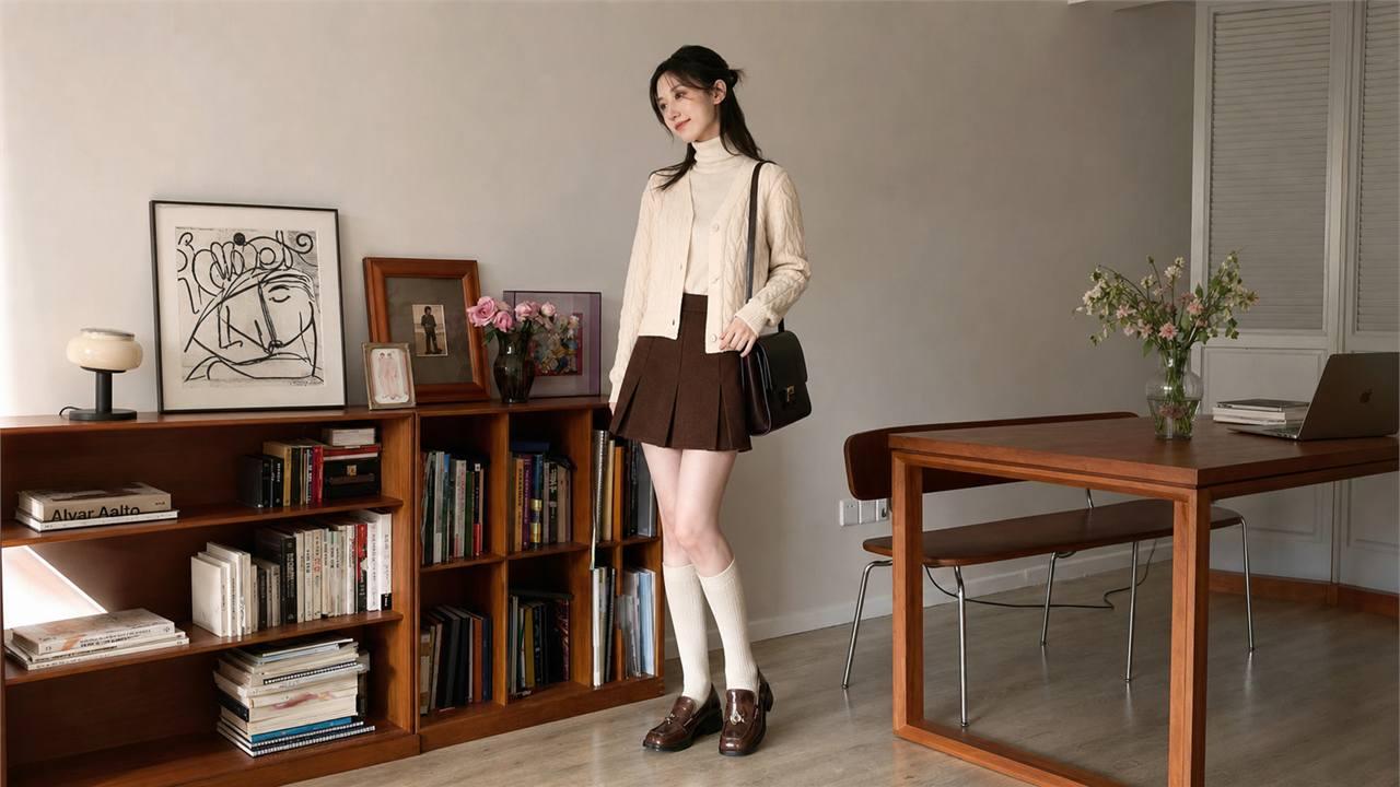 Áo len cardigan ngắn phối áo cổ lọ mỏng để giữ ấm tinh gọn