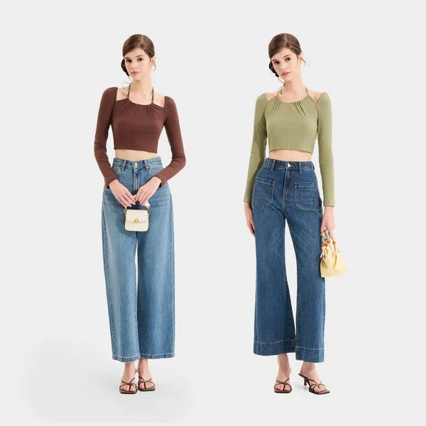 Áo thun quần jean ống suông cho nữ cao 1m7