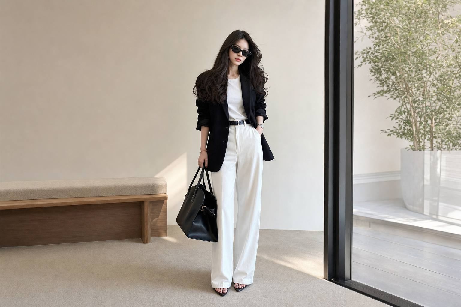 Áo blazer nữ phối áo thun basic tối giản