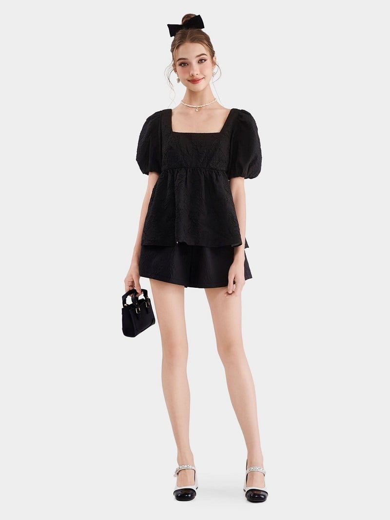 Áo kiểu babydoll tay phồng cổ vuông thắt nơ sau