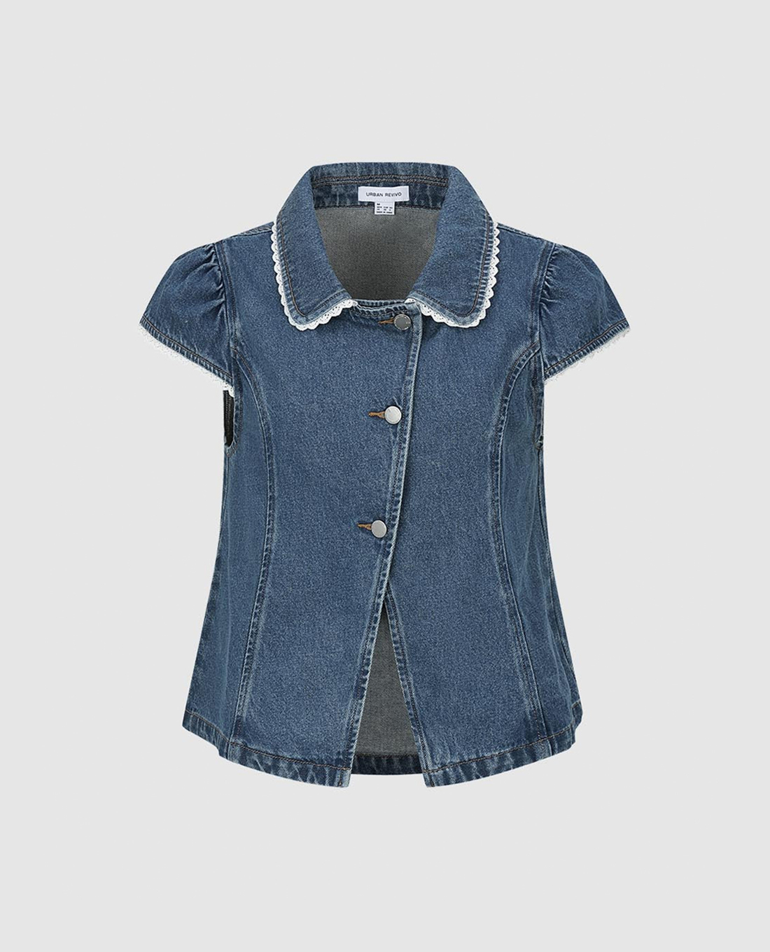 URBAN REVIVO áo sơ mi denim nữ tay ngắn phối ren
