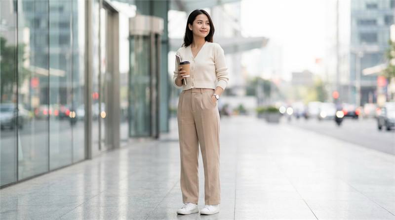 Quần ống rộng kết hợp cardigan ngắn