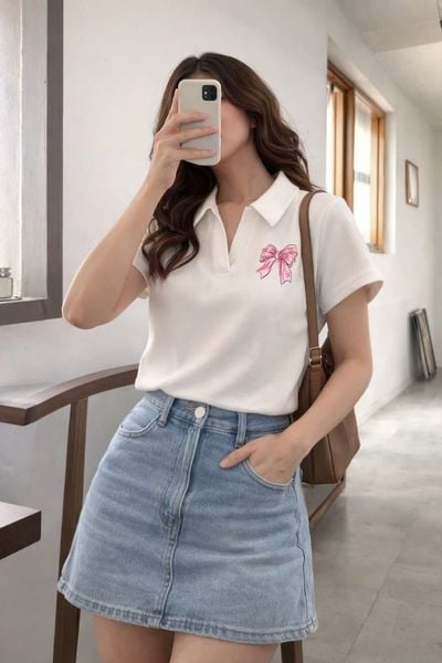 Áo polo + chân váy chữ A + crossbody nhỏ cho phong cách preppy