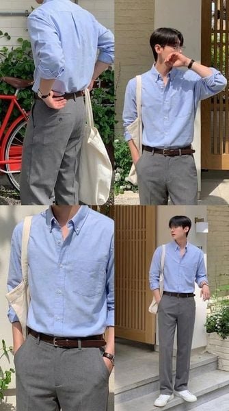 Sơ mi oxford xanh nhạt phối quần tây xám và sneaker trắng