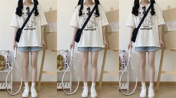 Áo thun form rộng nữ với quần short bò