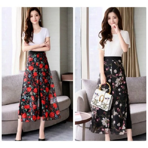 Quần ống rộng hoa văn phối áo thun