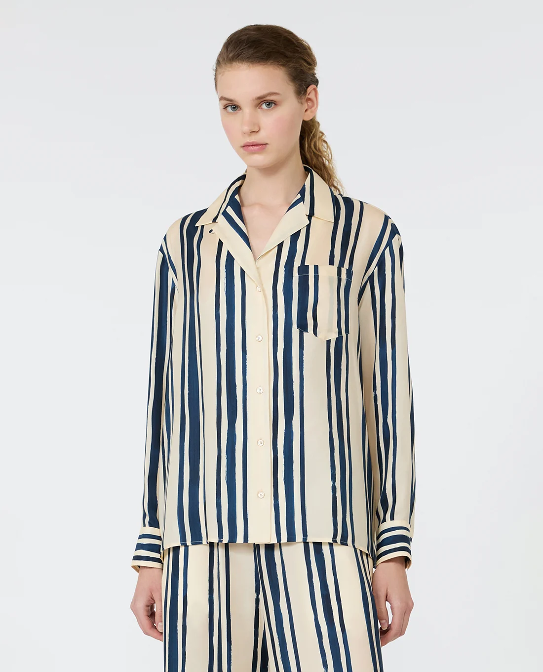 WEEKEND MAX MARA áo sơ mi nữ cổ V tay dài kẻ sọc Wkdcorona