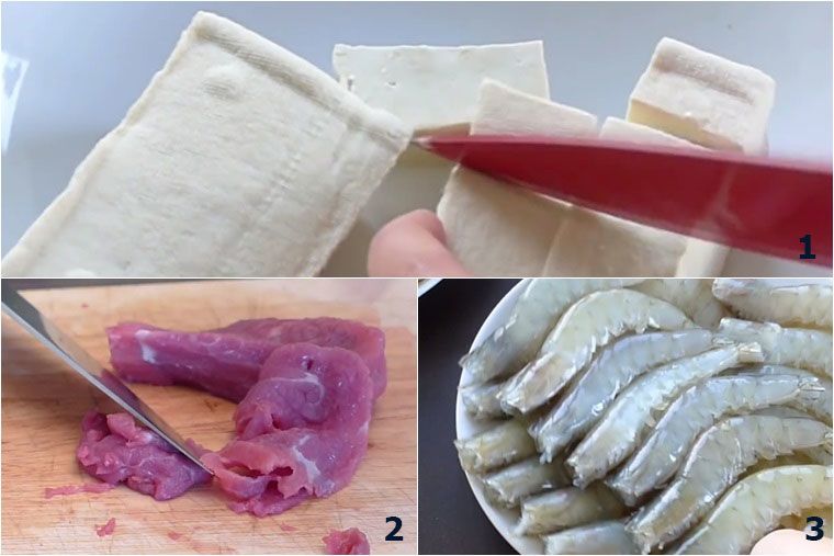 Sơ chế đậu hũ, thịt bò và tôm