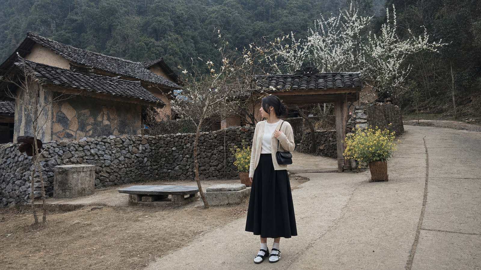 Váy midi trơn phối cardigan hoặc blazer nhẹ cho Hà Giang