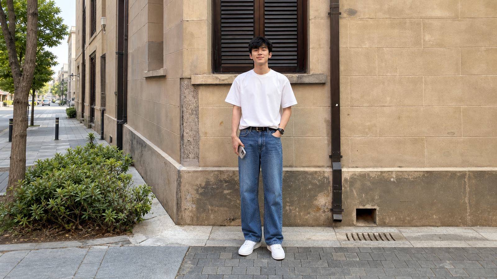 Áo thun trắng phối quần jeans ống suông