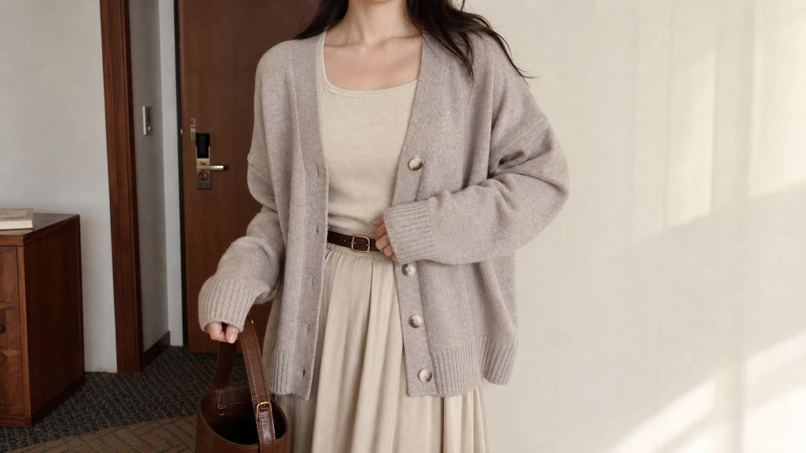 Cardigan ghi ấm phối váy be