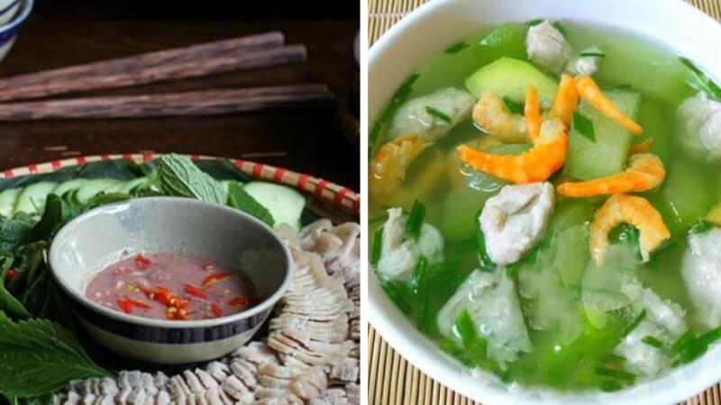 Thịt luộc chấm mắm tôm và canh rau muống