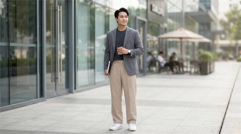 Phối quần ống rộng với blazer và áo trong trơn, tạo phong cách thanh lịch, chín chắn cho công sở hoặc gặp gỡ quan trọng