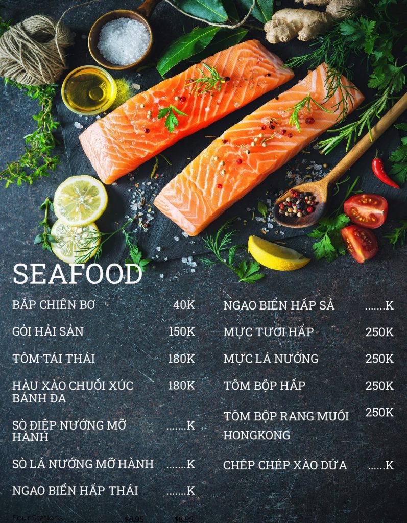 Thực đơn hải sản rõ giá