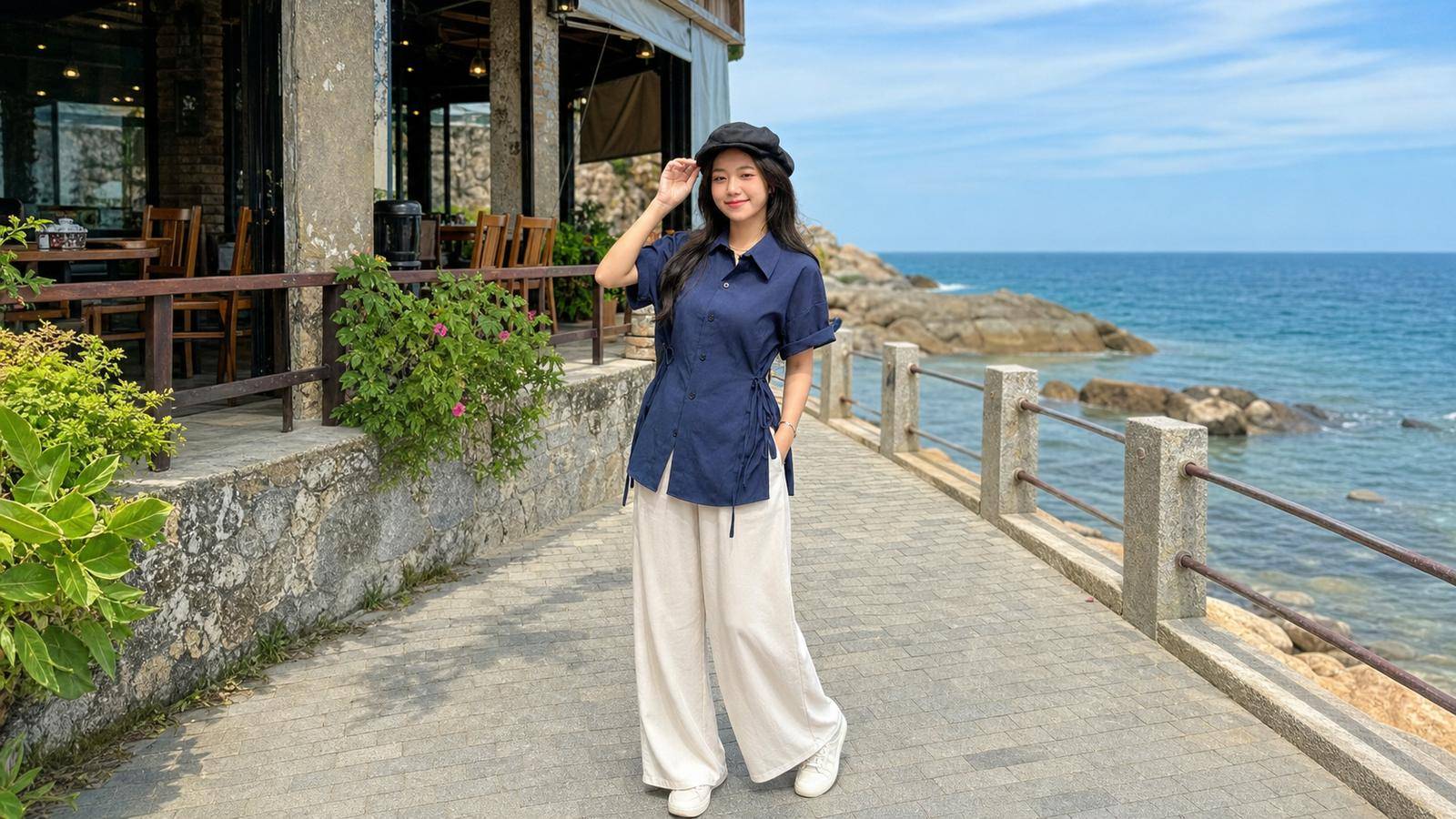 Sơ mi linen phối quần ống rộng nhẹ cho chuyến đi Nha Trang