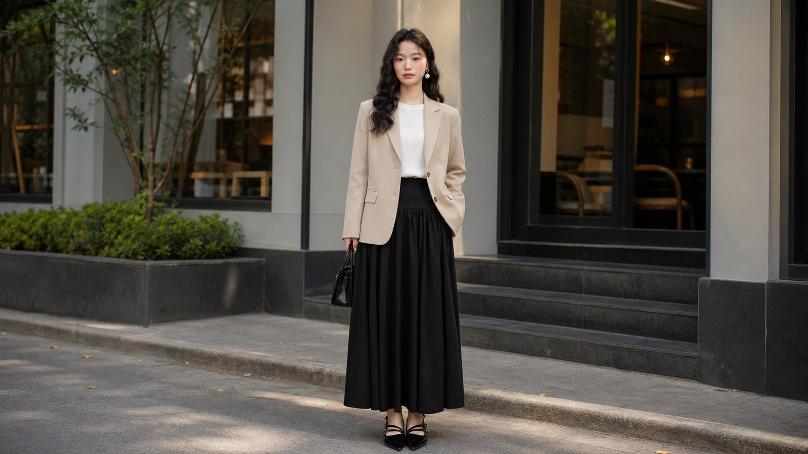 Chân váy dài đen phối với blazer trung tính
