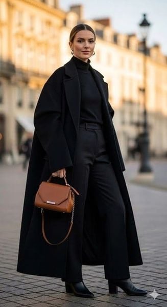 Set monochrome đen + túi da nâu chocolate