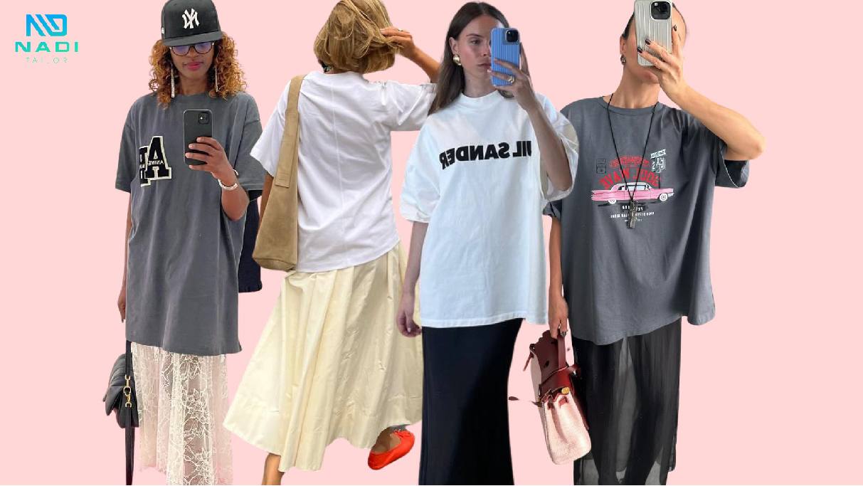 Áo thun form rộng nữ với chân váy chữ A