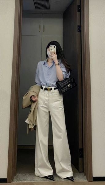 Outfit đi Huế - Áo sơ mi linen phối cùng quần ống suông cạp cao