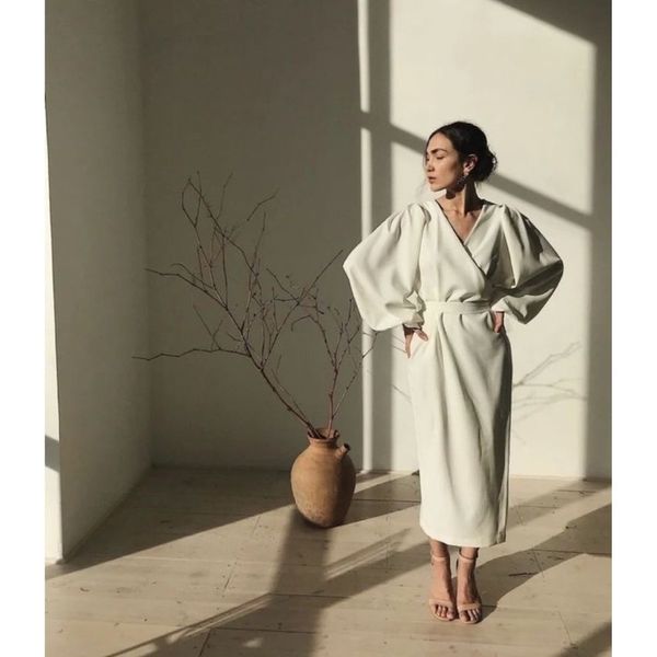 Đầm linen tay phồng tôn phần vai và eo