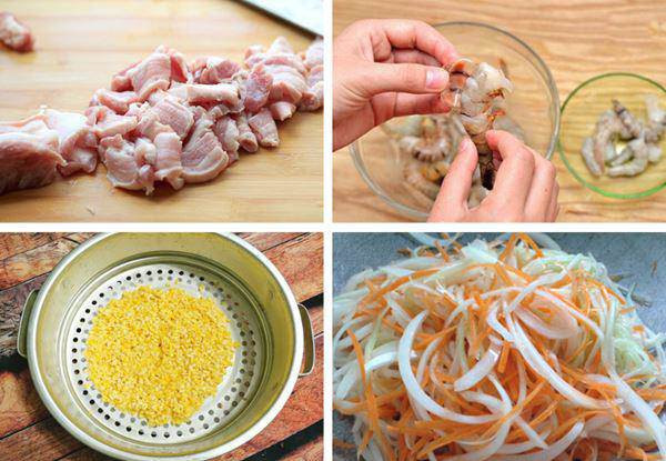 Quy trình sơ chế thịt, tôm và rau củ quả, chuẩn bị nhân bánh xèo giòn.