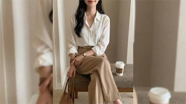 Áo sơ mi nữ phối quần ống rộng hiện đại