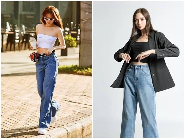 Phối quần jean ống rộng với áo ống