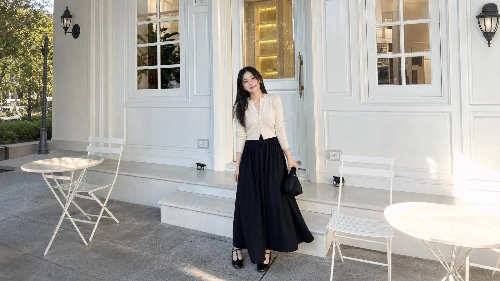 Chân váy dài đen phối với cardigan ngắn