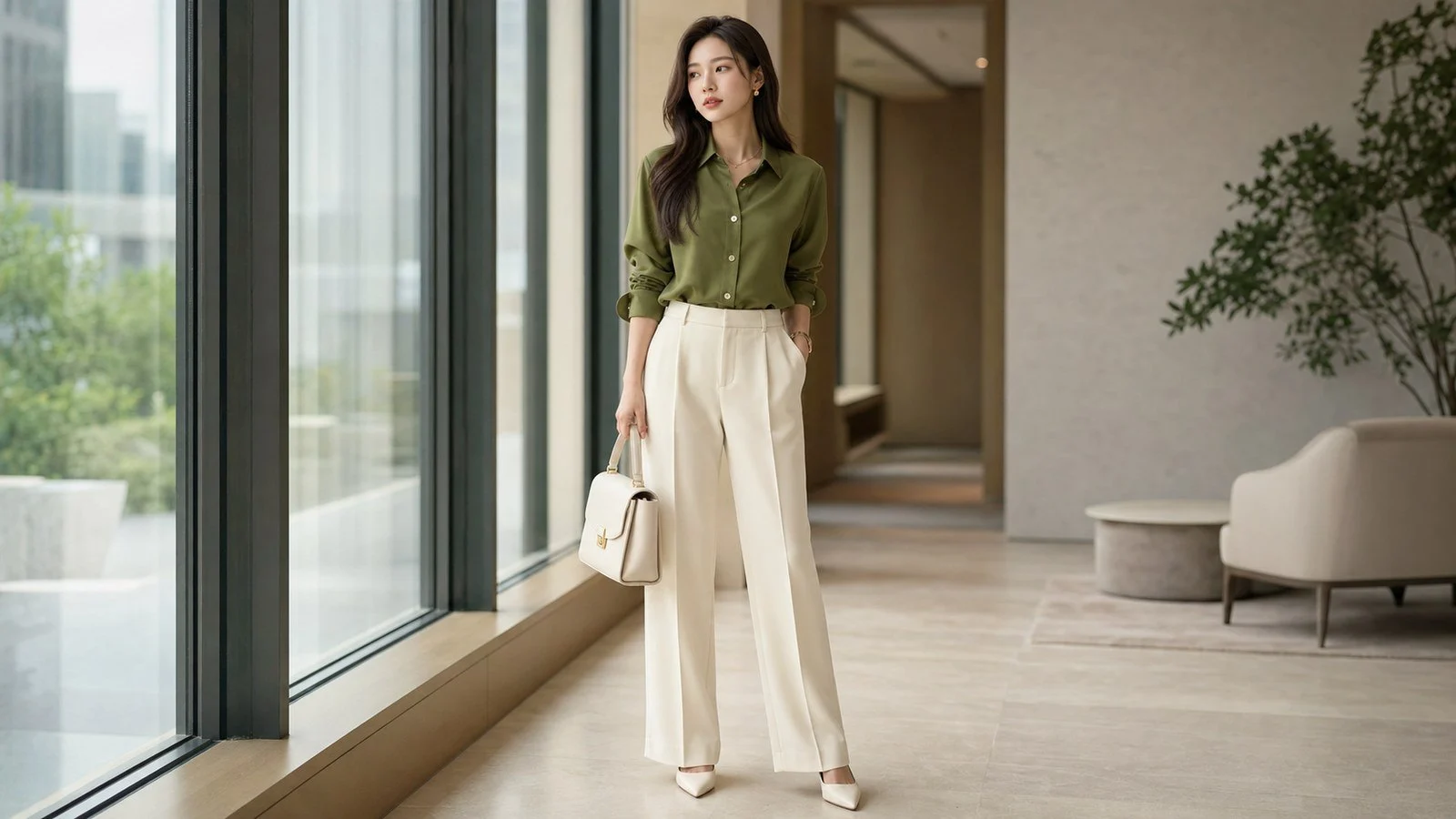Xanh olive phối trắng ngà là công thức hợp mệnh Mộc cho ngày đi làm