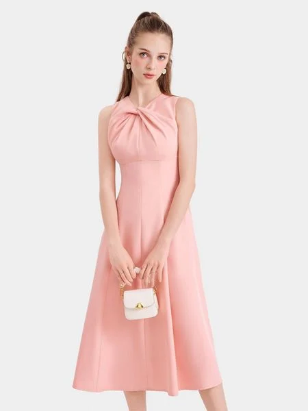 Đầm midi cổ tròn sát nách xoắn ngực